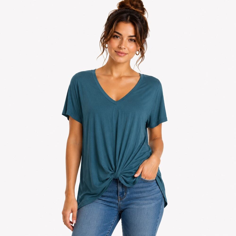 Nine Britton Women’s Teal Blue V-Neck Knot Front Top Size Large